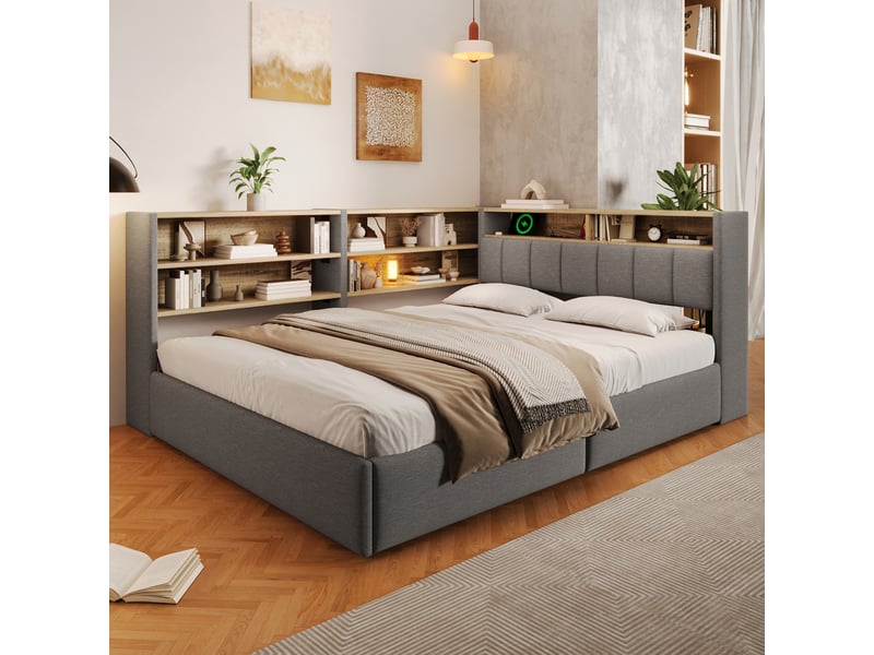 Lit coffre hydraulique 140x200 cm avec led, usb-c et tête réversible, velours gris, structure mdf, sans matelas - Conforama W