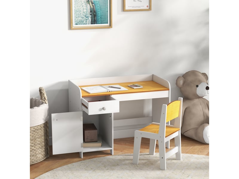  Bureau enfant avec chaise, ensemble bureau 2 pièces avec tiroir et armoire, blanc et naturel  - Conforama C