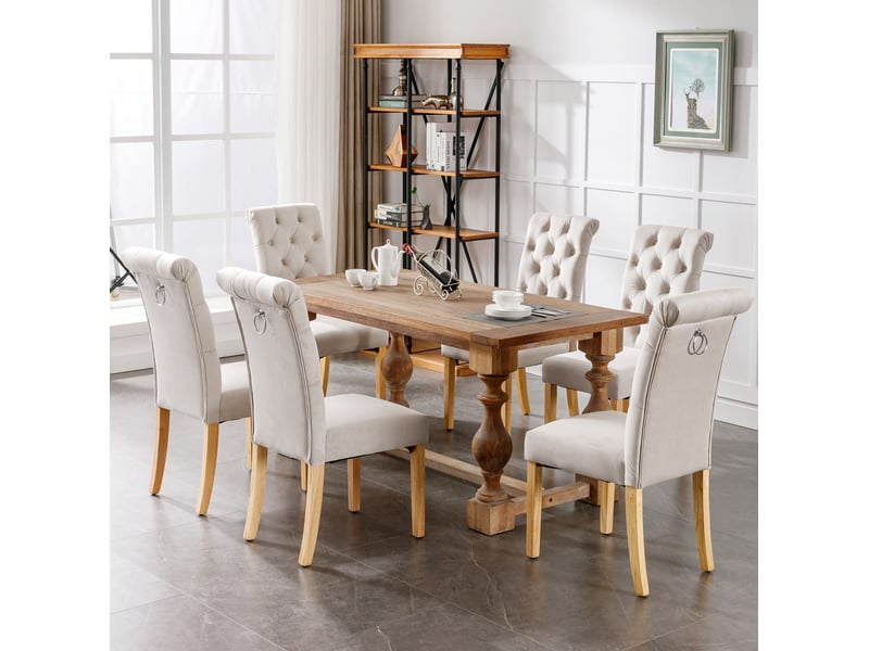  Ensemble de 6 chaises de salle à manger beige en velours, design à boutons, pieds en chêne  - Conforama D