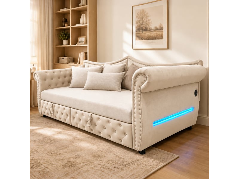 Lit rembourré 3-en-1, 90180x200 cm, avec port de chargement usb, éclairage d'ambiance led, velours beige - Conforama D