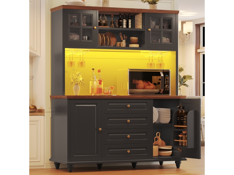 Buffet de cuisine haut avec 4 tiroirs, étagères réglables, led rgb et porte-verres, en mdf noir, 140 × 40 × 179,5 cm  - Conforama D