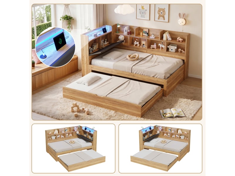  Lit enfant 90x200 avec tiroir-lit 90x190, éclairage led, prises usb, rangement intégré en bois naturel, lit d’appoint en l avec étagères ORFRN634W0056N - Conforama D