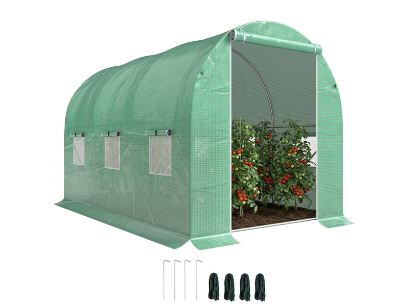 Serre de jardin tunnel surface sol 6 m² 3l x 2l x 2h m acier porte zippée 6 fenêtres enroulables vert - Conforama A
