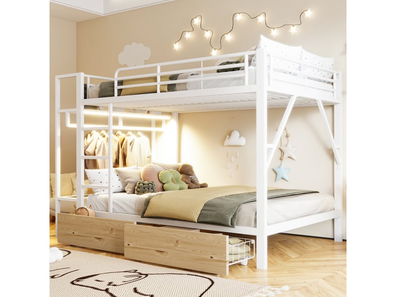 Lit superposé, 140 x 200 cm, structure en fer, 2 tiroirs, plusieurs étagères, éclairage led, penderie, blanc - Conforama B