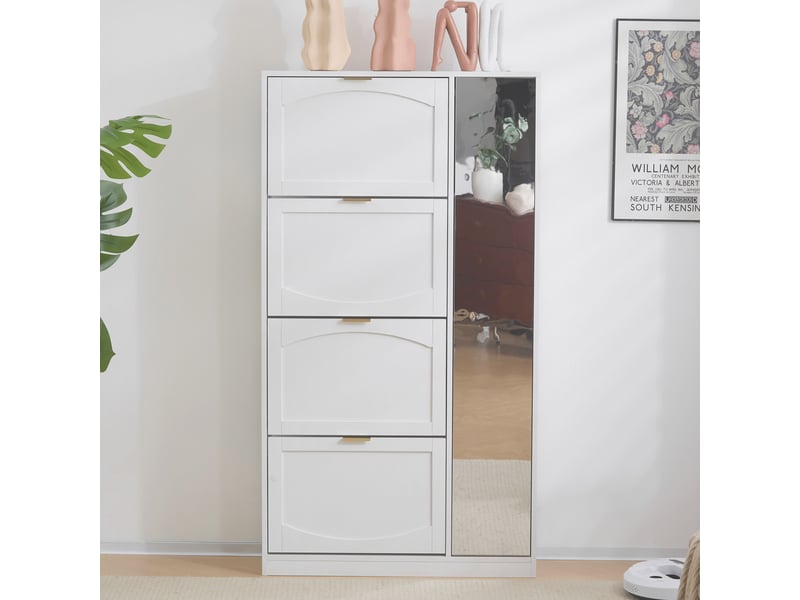  Meuble à chaussures avec miroir 80x24x147 cm, armoire rangement entrée moderne blanche en panneaux de particules  - Conforama W