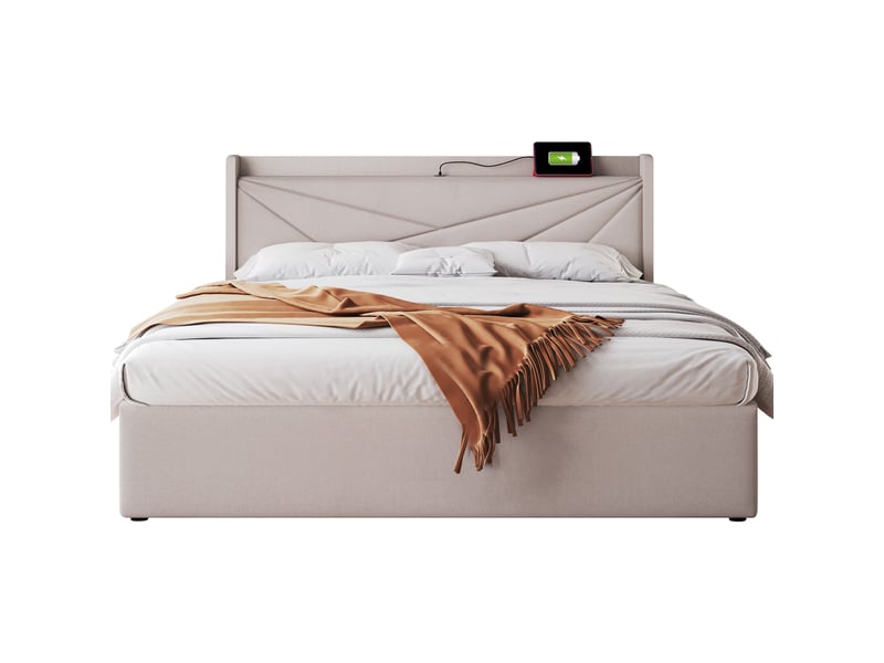  Lit avec rangement en coton lin beige 160 x 200 cm  - Conforama A