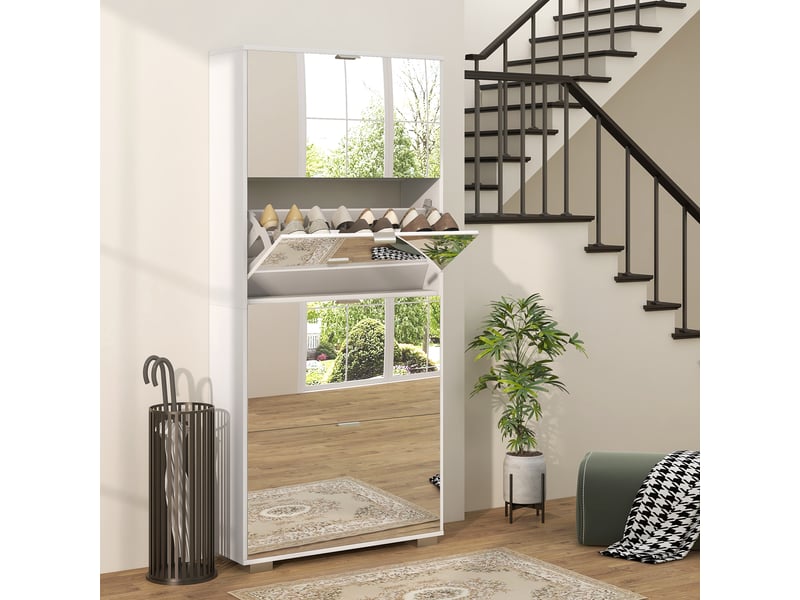  Étagère à chaussures fine gaine de place avec miroir et 4 tiroirs pour 24 paires de chaussures, 76x26x178 cm, blanc  - Conforama B