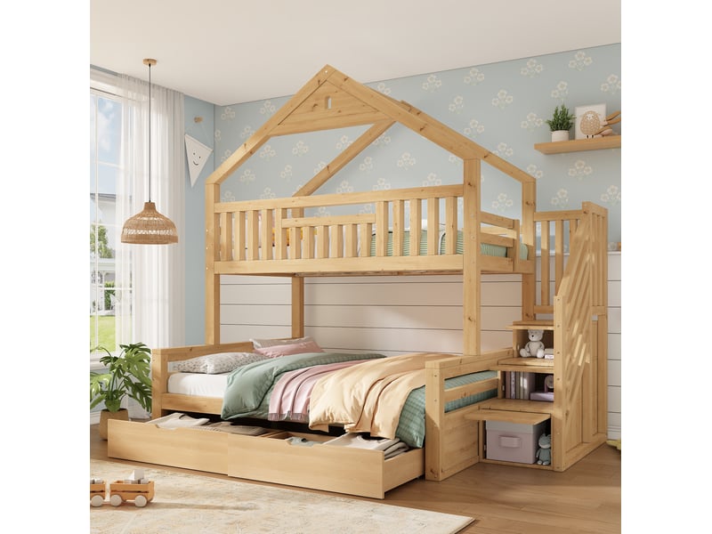 Lit superposé enfant 90x200 et 140x200 cm avec escalier, 2 tiroirs, coloris chêne - Conforama E