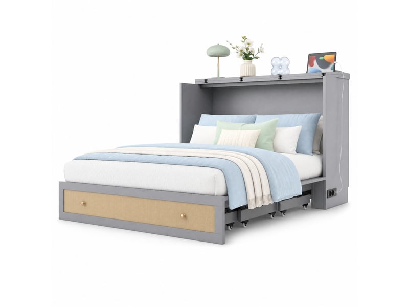  Lit escamotable, 140x200 cm, lit rabattable, avec tiroirs pratiques, étagère, matelas non inclus, mdf, coloris gris  - Conforama A