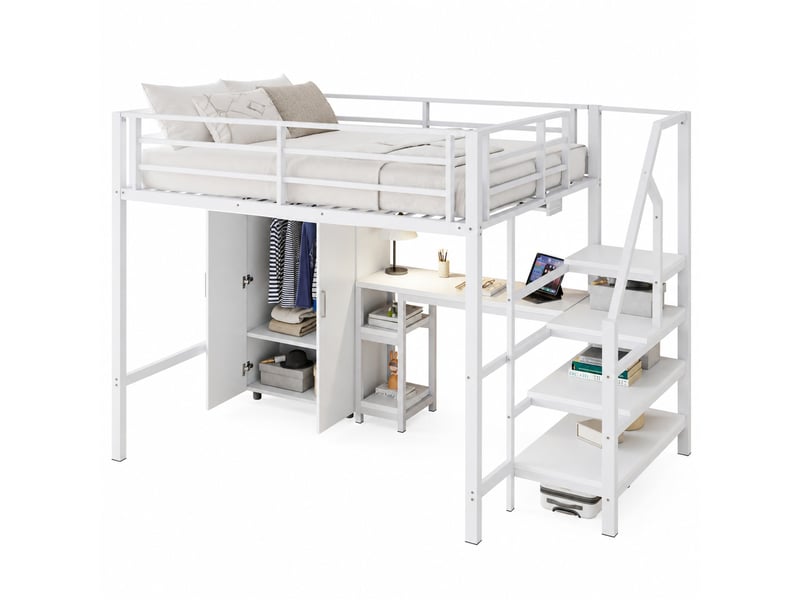 Lit mezzanine enfant 140 x 200 cm blanc avec armoire, étagères et bureau - Conforama A