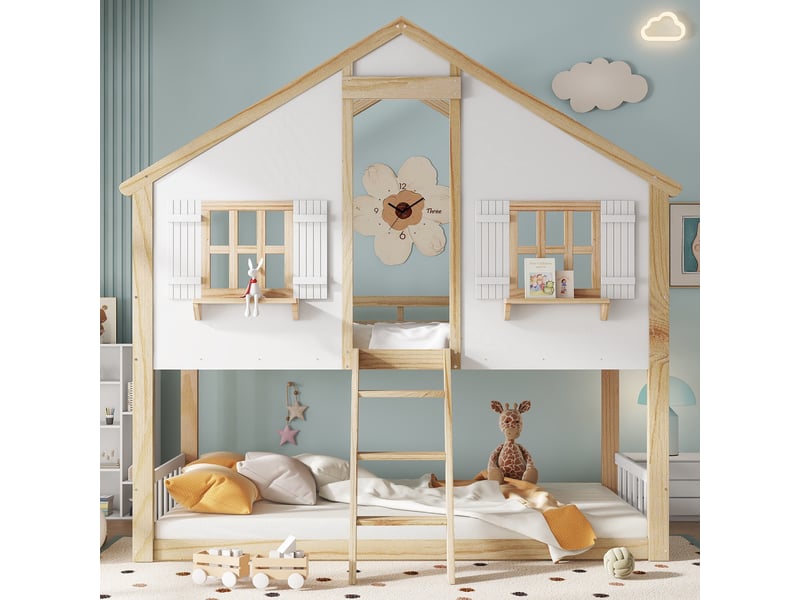  Lit superposé enfant 90x200 cm, lit cabane avec toit et fenêtres, en bois de pin massif et mdf avec échelle à 3 marches, blanc et naturel  - Conforama C