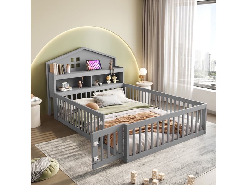  Lit enfant 140x200 cm avec étagère, tableau noir, garde-corps et sommier, forme de maison, bois gris, sans matelas  - Conforama W