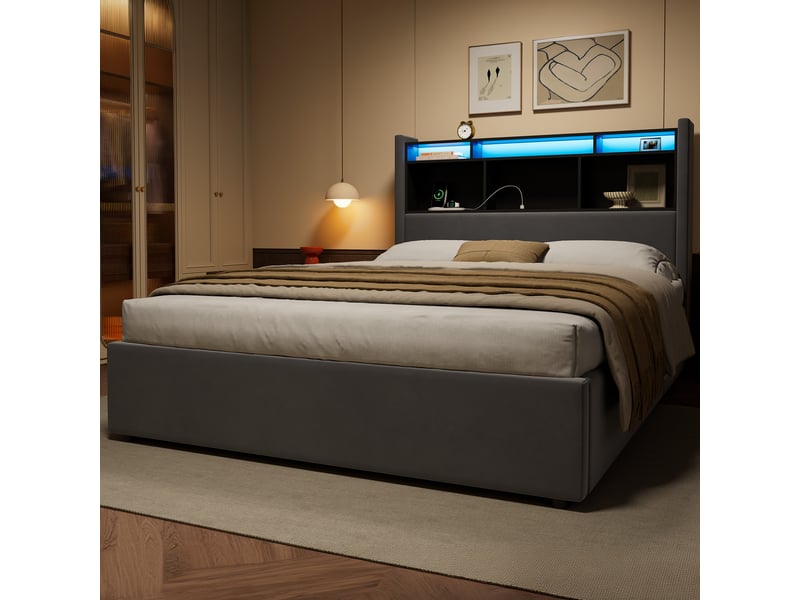  Lit coffre adulte 140x200 cm avec led, station de charge et rangement à ouverture hydraulique, velours gris foncé  - Conforama D