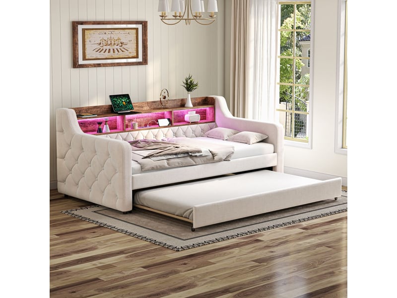  Lit gigogne 90x190, gain de place canapé gigogne, rangement intégré, velours beige, led avec ports usb-c, structure métal bois  - Conforama B