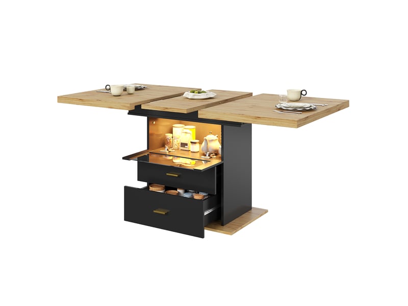  Table de salle à manger 6 personnes extensible avec 2 tiroirs led 110(140)×80×75 cm en mdf bois  - Conforama A