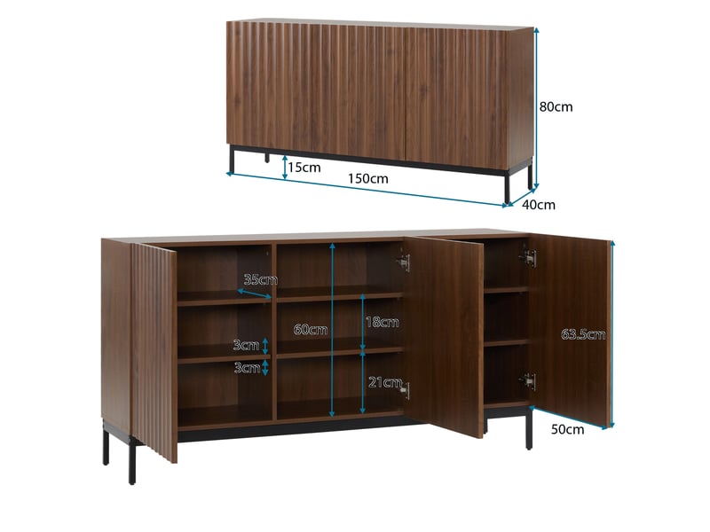  Buffet bas 150 x 40 x 80 cm brun foncé, 3 portes, design 3d ondulé et étagères réglables  - Conforama E