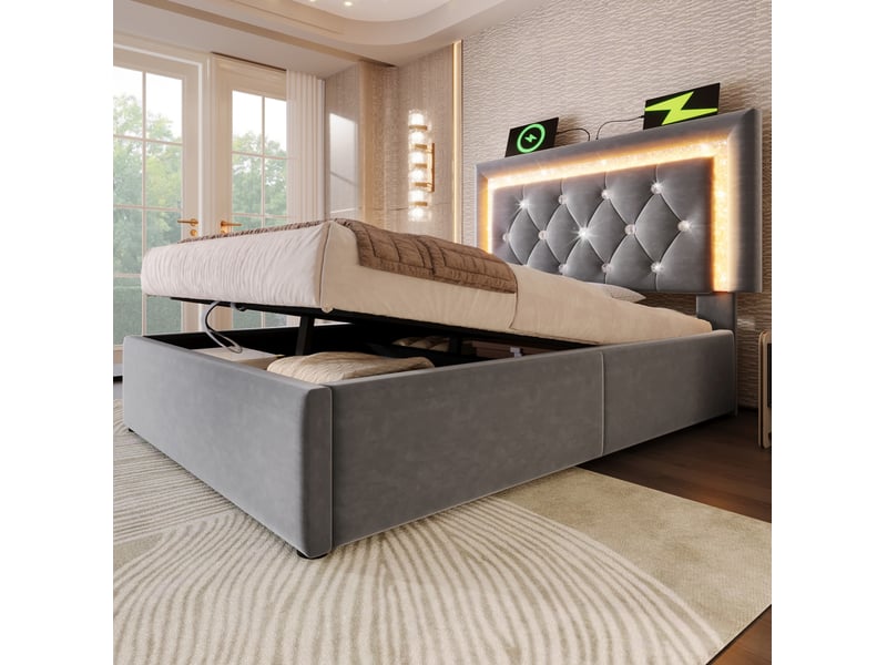  Lit simple 90 x 200 cm en velours gris avec led, rangements hydrauliques, usb, type-c et matelas  - Conforama D