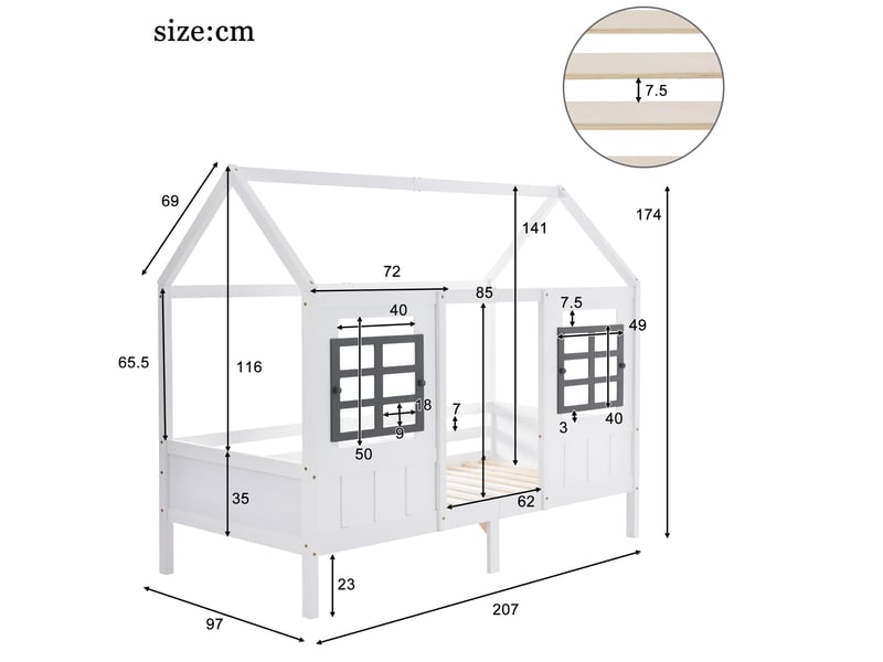  Lit cabane 90x200cm avec 2 tiroirs, lit simple avec cadre de lit en pin, blanc, lit enfant  - Conforama R