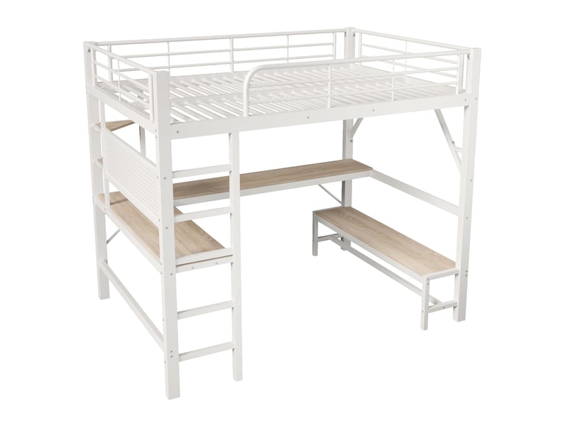  Lit mezzanine 160x200 cm blanc avec bureau, led, usb-c, étagères et panneau perforé  - Conforama E