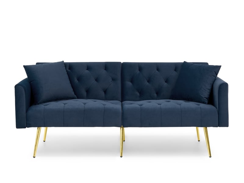  Canapé 2 places convertible 177x78x74 cm, dossier 3 positions, deux coussins, pieds métal, velours, bleu  - Conforama A