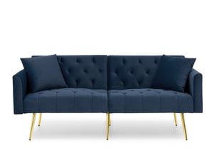 Canapé 2 places convertible 177x78x74 cm, dossier 3 positions, deux coussins, pieds métal, velours, bleu