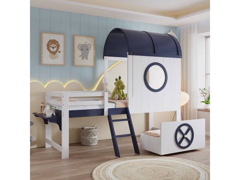  Lit enfant demi-haut avec toit et fenêtre, tiroir à roulettes, échelle, 90x200cm, blanc et bleu foncé  - Conforama D