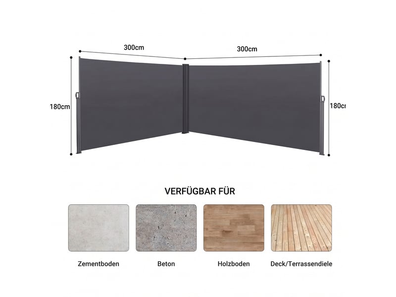  Brise-vue latéral rétractable double 600 x 180 cm – gris foncé – protection solaire et intimité  - Conforama C