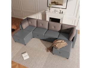 Canapé modulable 6 places 261x132,5cm, 6 modules combinables en u ou l, coffre de rangement intégré, convertible en couchage d'appoint, velours, gris antique