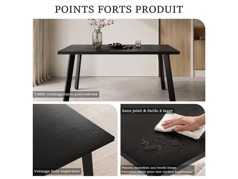  Table de salle à manger - plateau monobloc mat et pieds inclinés en métal avec patins de protection - chêne noir  - Conforama D