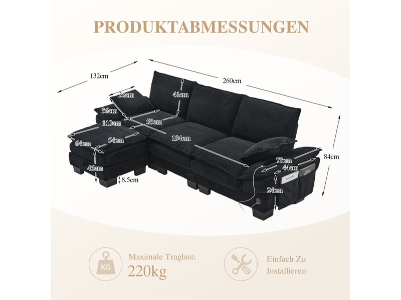  Canapé droit 3pl 260x132x84 cm, pouf avec rangement, assise généreuse, port de charge, poches latérales, velours côtelé noir, pour le salon  - Conforama C