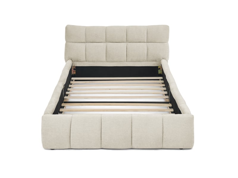  Lit simple 90x200 cm en chenille beige avec tête de lit capitonnée cadre métal et bois  - Conforama A