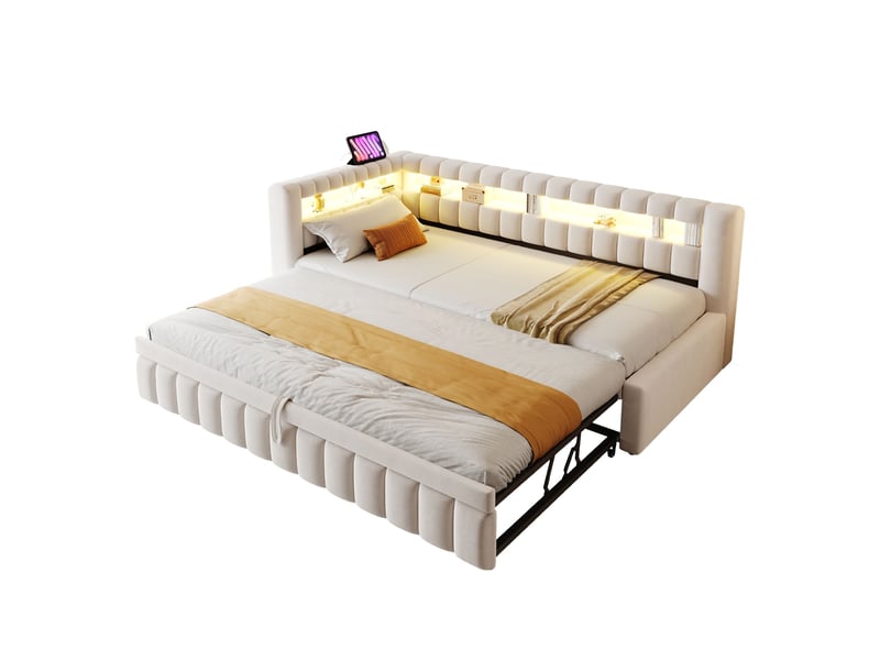 Lit banquette convertible 90x200 cm avec lit gigogne, led, usb et type-c, tête de lit avec rangement, velours beige - Conforama A