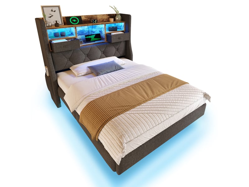  Modenvie lit 1 place 90x200 cm - led, ports usb et rangement de tete de lit - matelas inclus - gris  - Conforama A