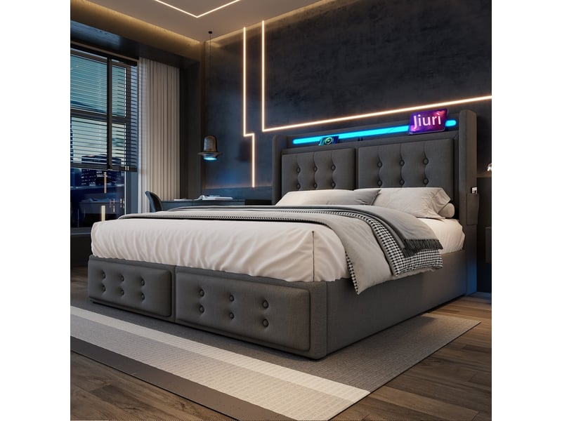  Lit coffre 160x200 cm avec matelas, tête de lit led et usb c, cadre métallique et bois, rangement hydraulique, gris, coton evarich - Conforama B