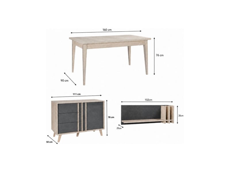  Salle à manger complète malmo avec table 160 cm, buffet haut et étagère murale – chêne clair et gris  - Conforama C