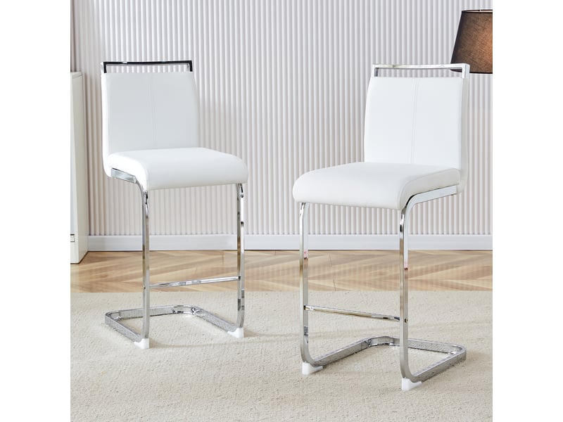  Lot de 2 tabourets de bar blancs, pu, piètement argenté, style nordique, hauteur 96,5cm  - Conforama C