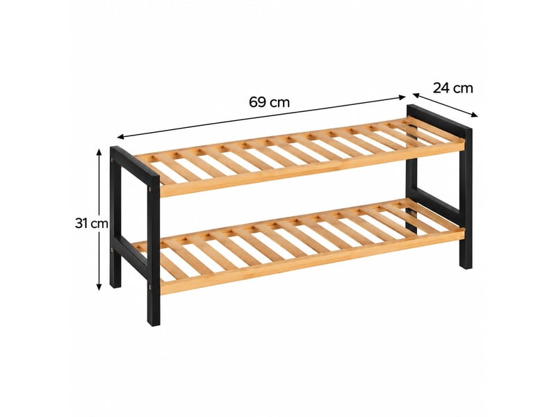 Étagère à chaussures 2 niveaux en bambou naturel & noir, capacité 6 paires - longueur 69 x profondeur 24 x hauteur 31 cm - Conforama C