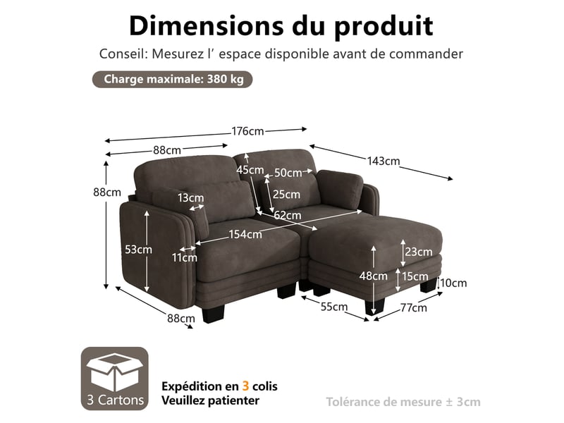 Canapé d’angle modulable 2 places 176x143x88 cm chenille marron - Conforama C