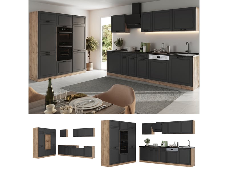  Vicco cuisine, anthracite campagnechêne doré, 180cm plan de travail chêne doré  - Conforama D