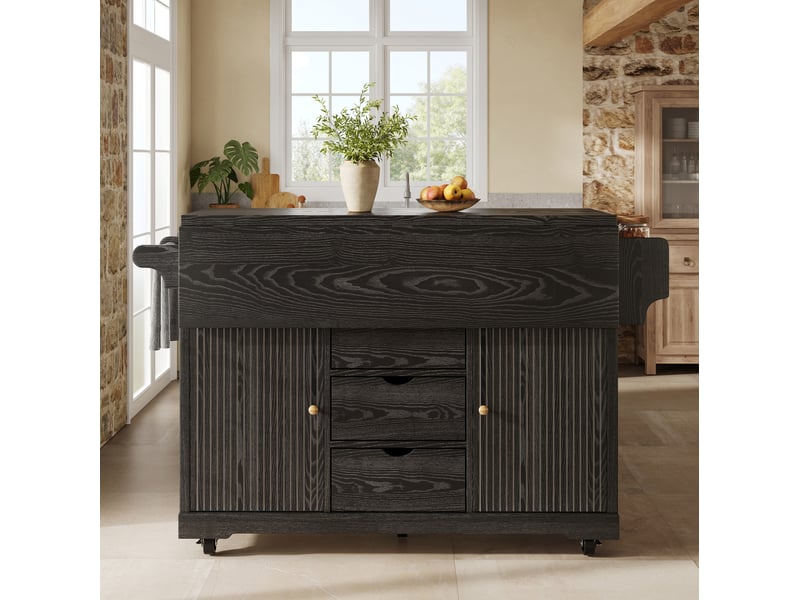  Desserte de cuisine 142,5x80x95 cm, avec 2 portes, 3 tiroirs, roulettes verrouillables et plateau extensible pliable, en mdf noir  - Conforama E