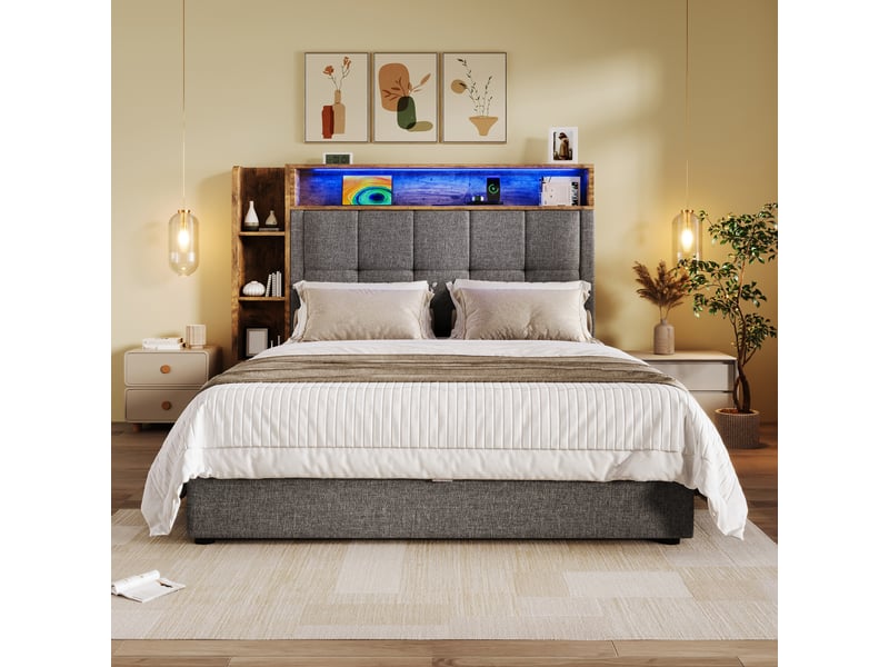 Lit rembourré 90x200 cm sans matelas, lin et mdf, led, usb type-c, rangements, gris pour chambre  - Conforama D
