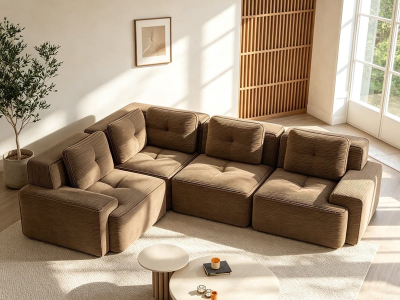  Canapé modulable personnalisable en tissu côtelé, sans montage et adaptée au bureau, 69 × 295 × 206 cm, marron  - Conforama B