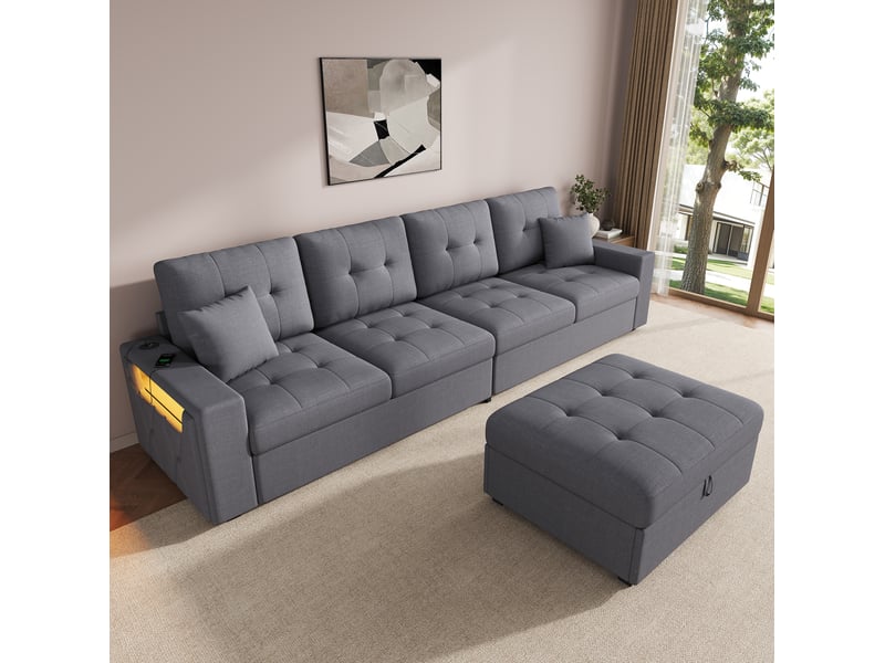  Canapé d'angle modulable 4 places avec pouf coffre, led et ports usb type-c en tissu gris antique  - Conforama B