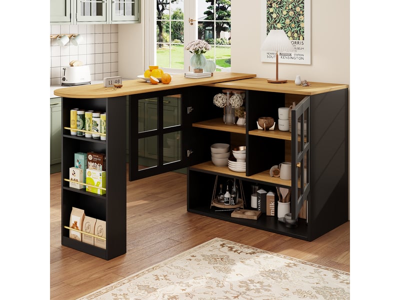  Ilot cuisine, buffet de cuisine avec rangements intégrés, plateau extensible, pivotant à 360°, dimensions 138 à 204 x 39 x 102,5 cm, mdf, noir  - Conforama D