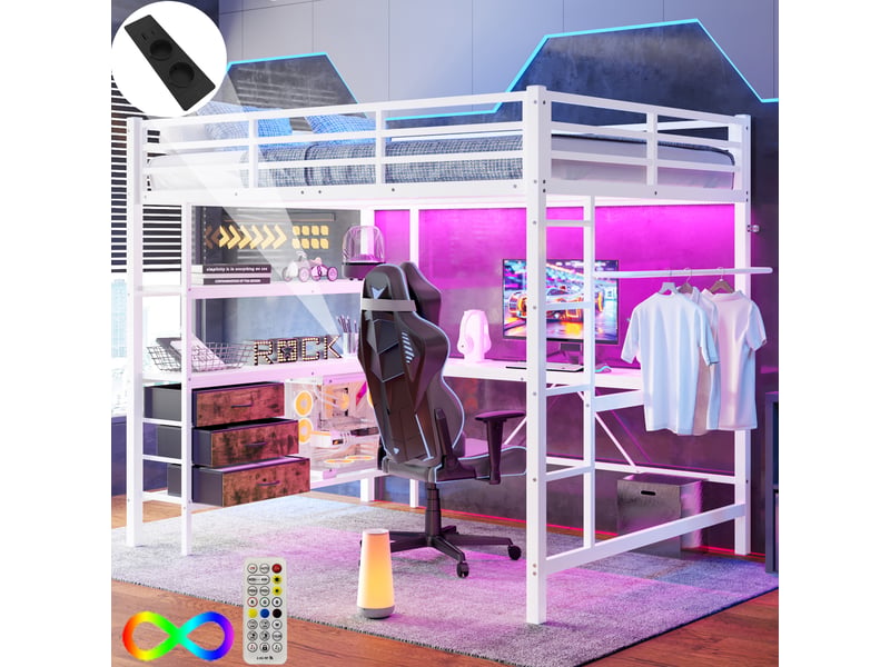  Lit mezzanine 140x200 cm coloris blanc led métal lit enfant blanc - Conforama B