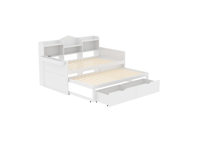 Lit banquette avec gigogne et rangements, bois blanc, 90x200 cm, 2 tiroirs et usb - Conforama E