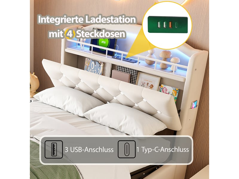 Lit enfant 90x200 cm en velours beige, multifonction avec rangement, led et usb - Conforama D