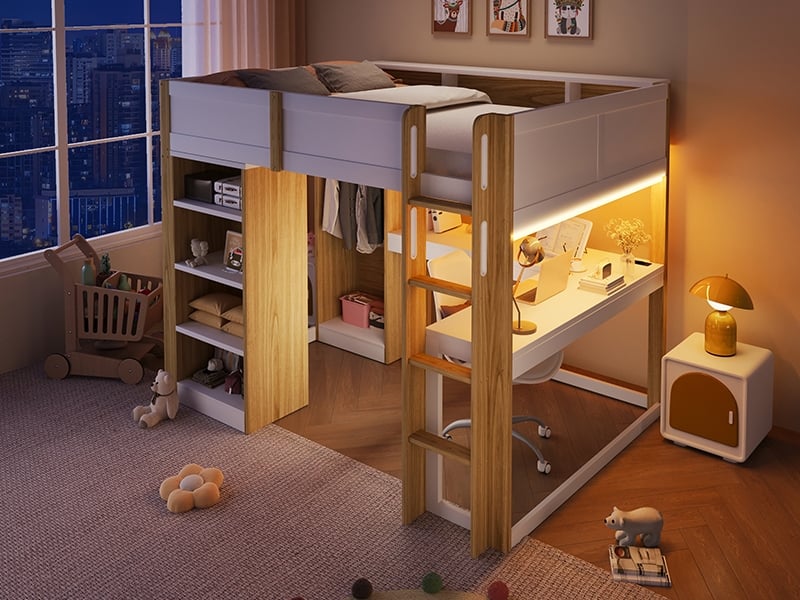  Lit mezzanine, 140 x 200 cm, avec étagère à 4 niveaux, bureau en forme de l sous le lit et armoirecompartiments, coloris blanc et naturel  - Conforama B