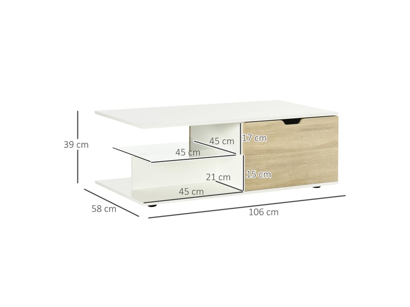  Table basse rectangulaire design contemporain 2 tiroirs 2 niches étagère verre trempé panneaux blanc aspect chêne clair  - Conforama C