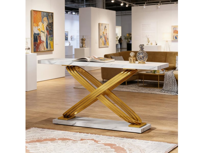  Table console 140 x 35 x 80 cm en métal doré et marbre artificiel blanc  - Conforama D